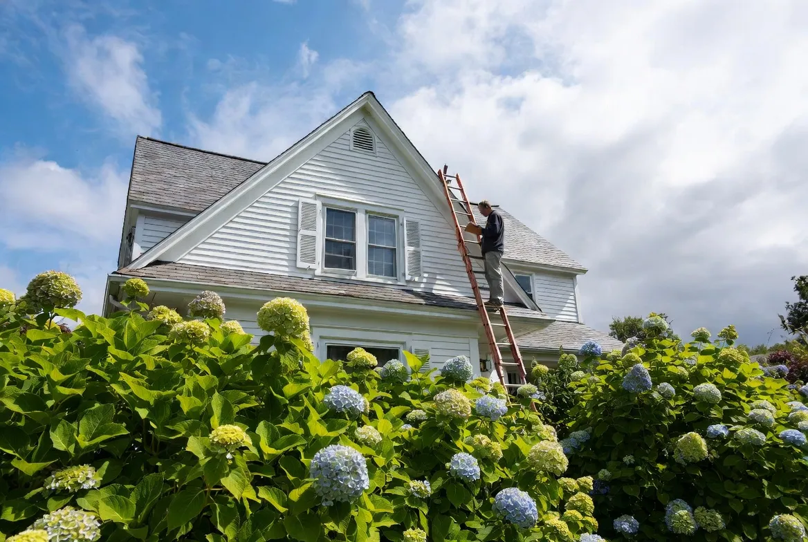 Cape Cod home with blue hydrangeas in bloom and a ladder set against the roofline during exterior work