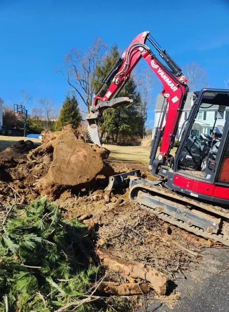 Red excavator digging a large dirt pile beside a roadside under a clear blue sky