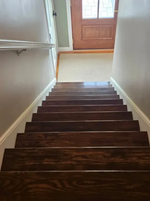 Top of a staircase with dark wood steps leading to a beige carpeted entryway and a wooden door with a window.