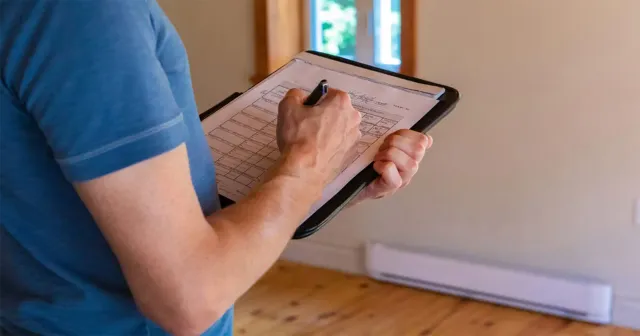 A person in a blue t-shirt writes on a clipboard inside a room with hardwood floors and a white baseboard heater.