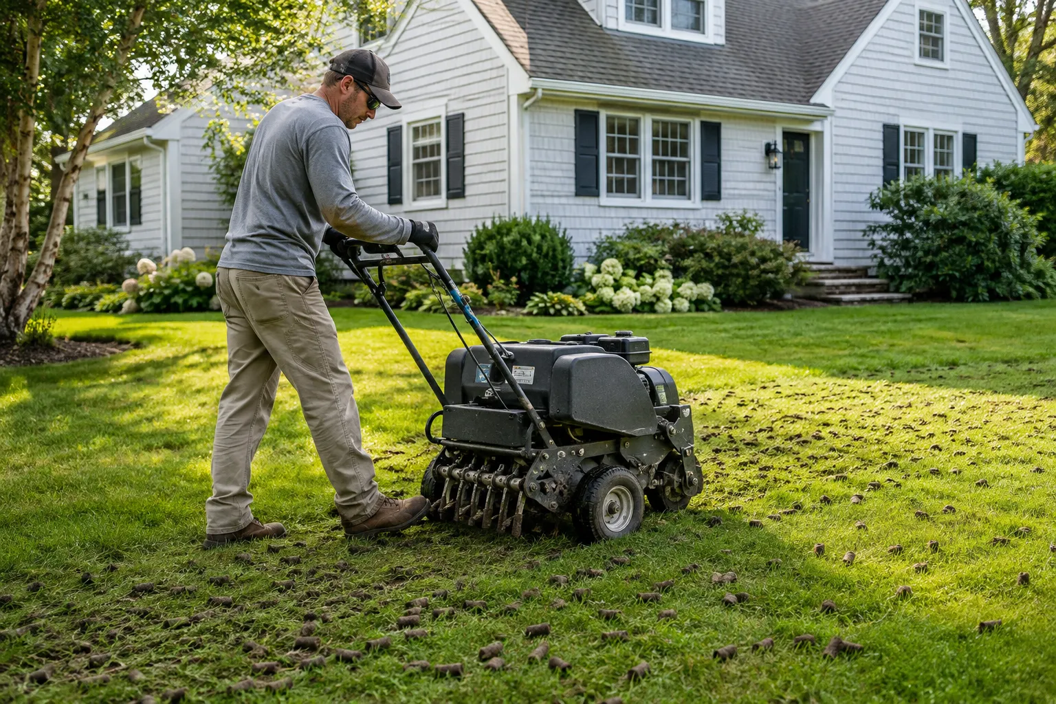 Professional using a core aerator on a residential lawn