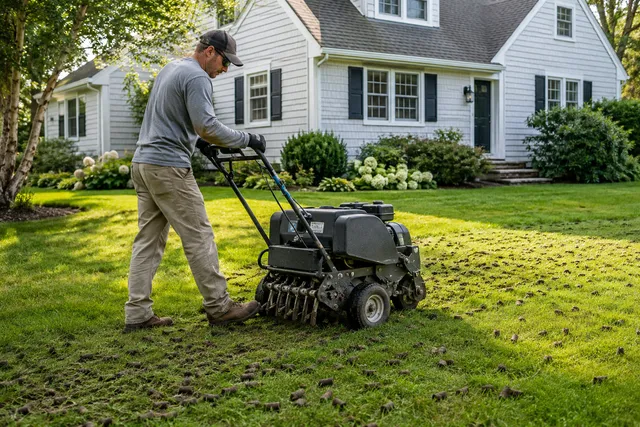 Professional using a core aerator on a residential lawn