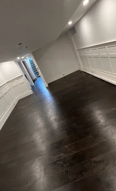 Modern renovated basement interior featuring dark hardwood floors and white wainscoting wall panels with recessed lighting.
