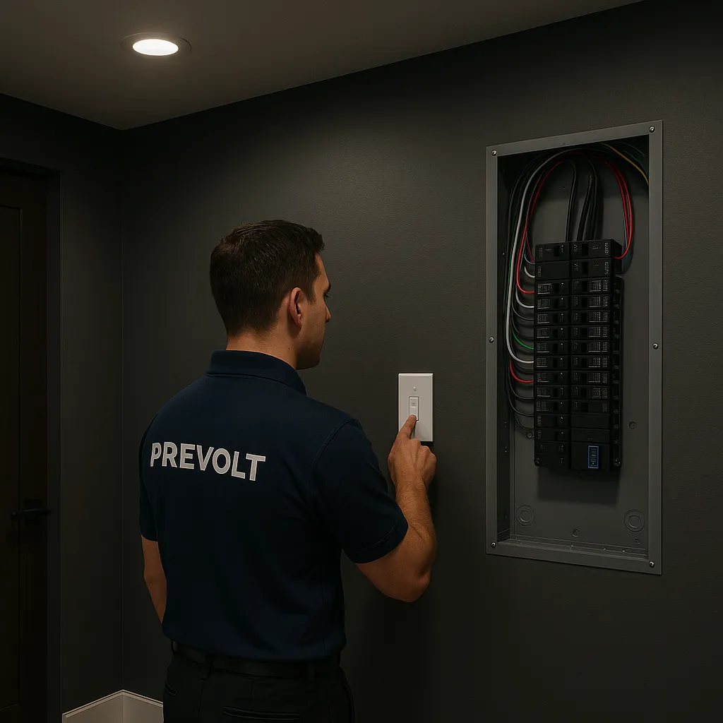 Finished Prevolt Electric installation in Suffield, CT with clean panel labeling, neat wiring, and modern LED lighting