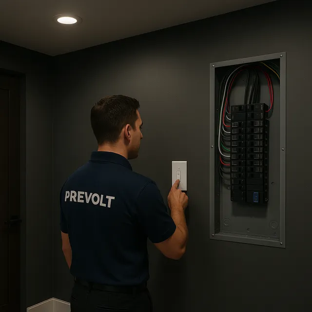 Finished Prevolt Electric installation in Suffield, CT with clean panel labeling, neat wiring, and modern LED lighting