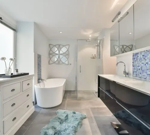 Luxury interior design of a bathroom with marble walls