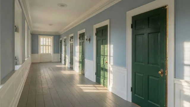 Painted interior paneled doors down a Holliston MA colonial hall, morning light, no people