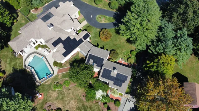 Aerial view of a 54 panel Sunwatt Solar install in East Greenwich, RI.