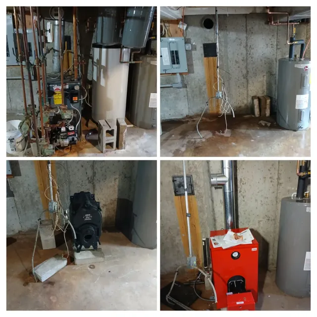 A four-panel composite showing the replacement of a residential boiler, from the old system to the new red unit.