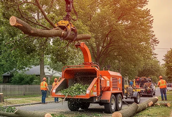 Tree crew processing branches with professional equipment