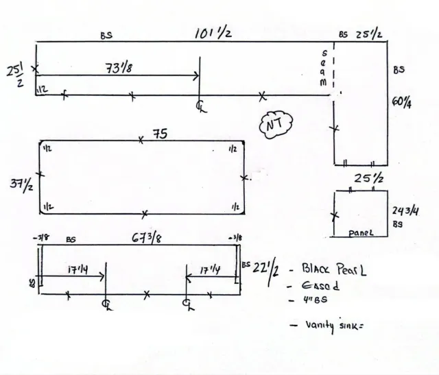 Hand-drawn diagram of a woodworking project with measurements and notes, including various rectangular pieces, labeled and scaled, with a cloud labeled 'NT' and some handwritten specifications.