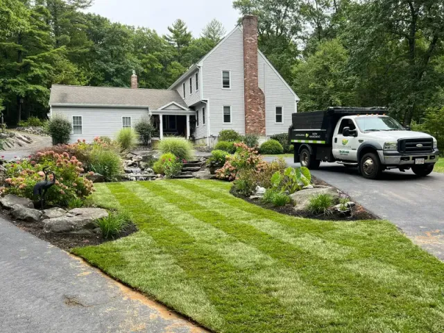 Front yard landscaping with striped lawn and garden beds