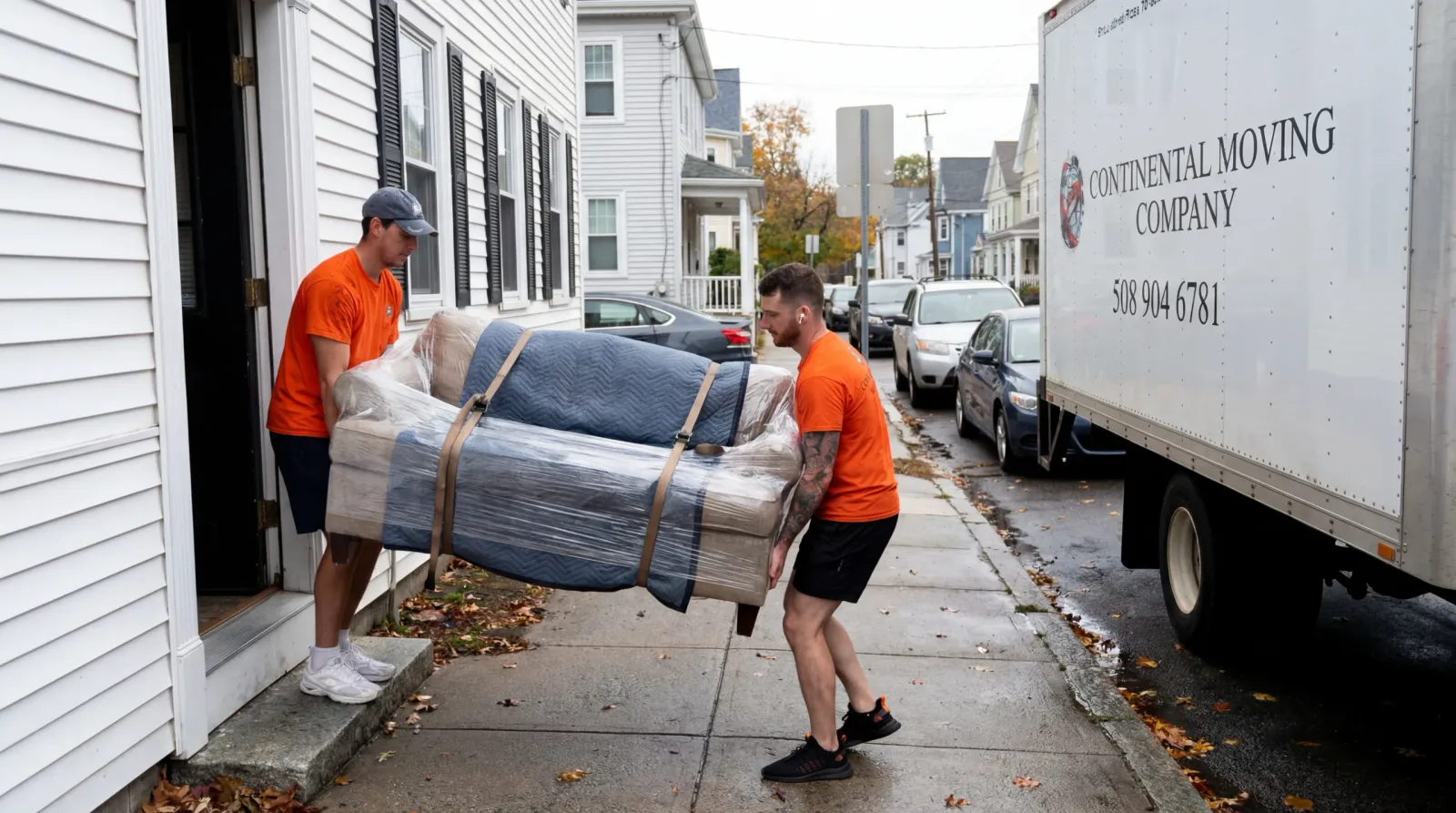 Movers carrying wrapped couch from apartment during small move