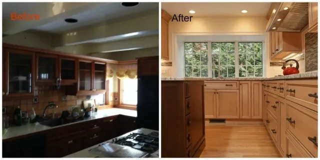 Before and after photos of a kitchen remodel. Dark cabinets replaced with light cabinets, brighter lighting.