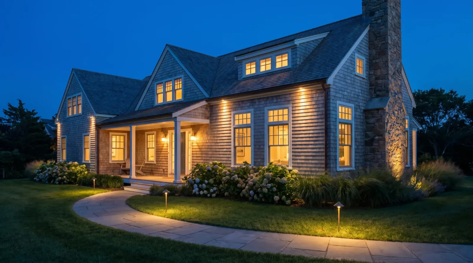 Warm landscape lighting on a cedar-shingle home at dusk