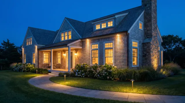 Warm landscape lighting on a cedar-shingle home at dusk