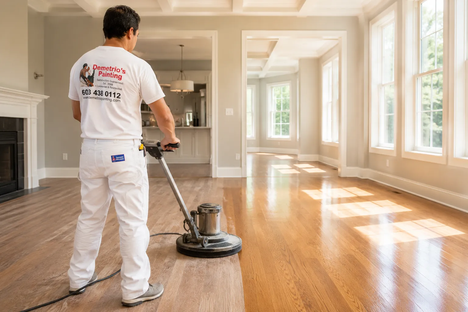 Demetrio's Painting technician buffing a hardwood floor