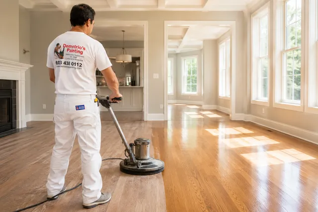 Demetrio's Painting technician buffing a hardwood floor
