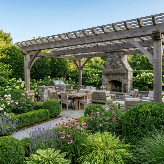 Outdoor patio with pergola, table, chairs, and fireplace surrounded by greenery and flowers.