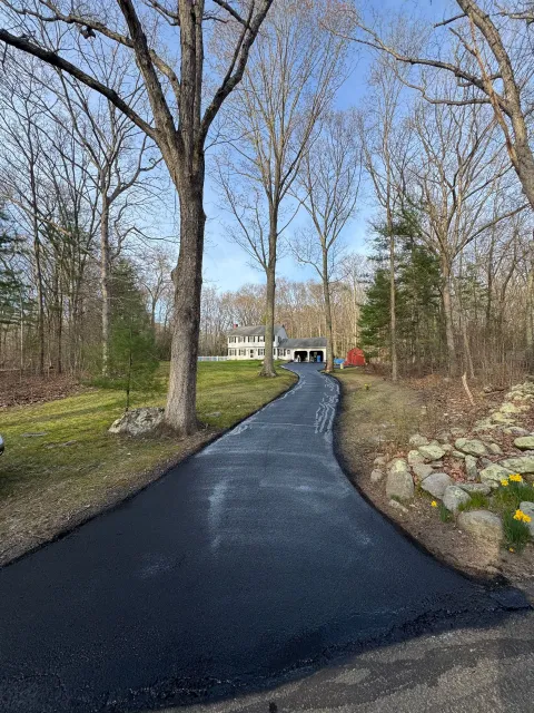 Curving paved path through a wooded park leading to a small building under a clear sky