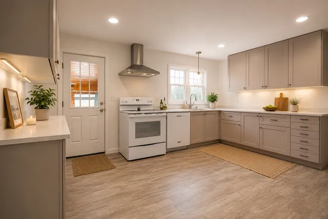 After kitchen remodeling in Bethel CT showing new kitchen cabinets, updated flooring, modern finishes, and improved layout