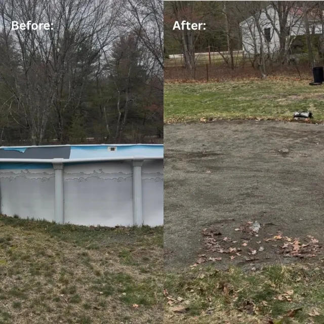 Before-and-after backyard: above-ground pool removed, leaving a bare dirt yard with scattered leaves.