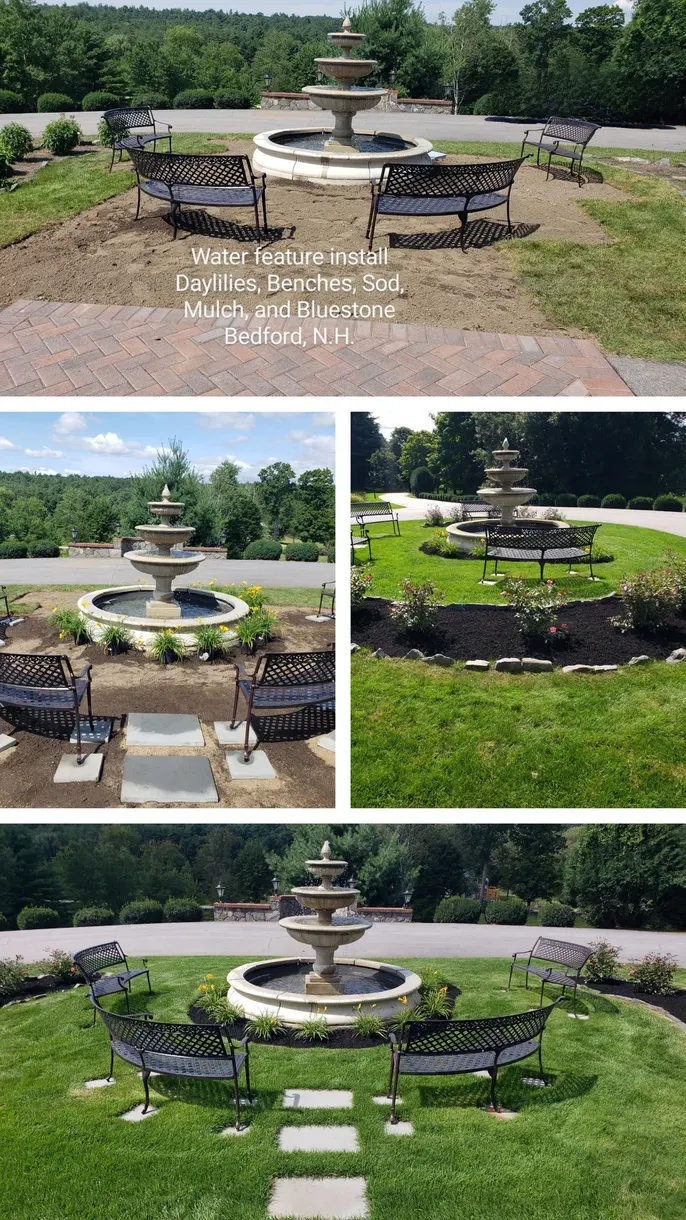 Four views of a backyard stone fountain with black metal benches and stepping stones in a landscaped garden.