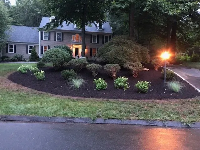 A two-story house with a landscaped front yard at dusk; mulch beds with bushes and a street lamp.