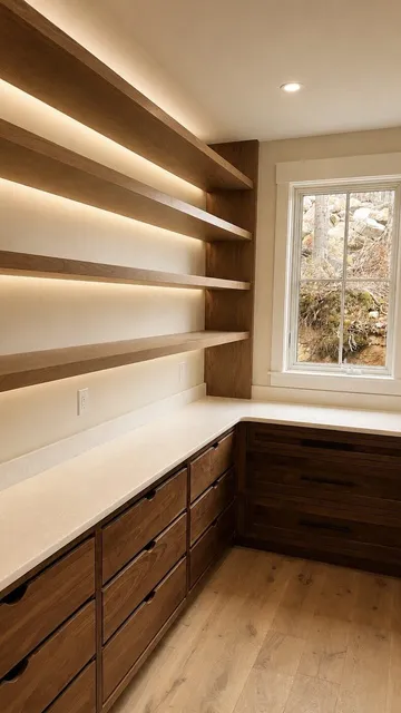 Custom floating shelves over built-in wood drawers beside a window