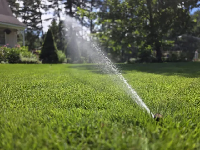 Residential lawn being watered by irrigation system.