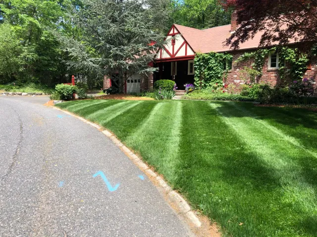 Suburban house with well-maintained lawn, red and brown brick facade, and lush greenery, located next to a residential street.