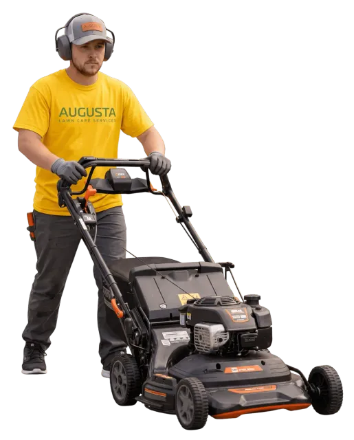 A person mowing grass with a lawnmower, wearing ear protection and gloves.