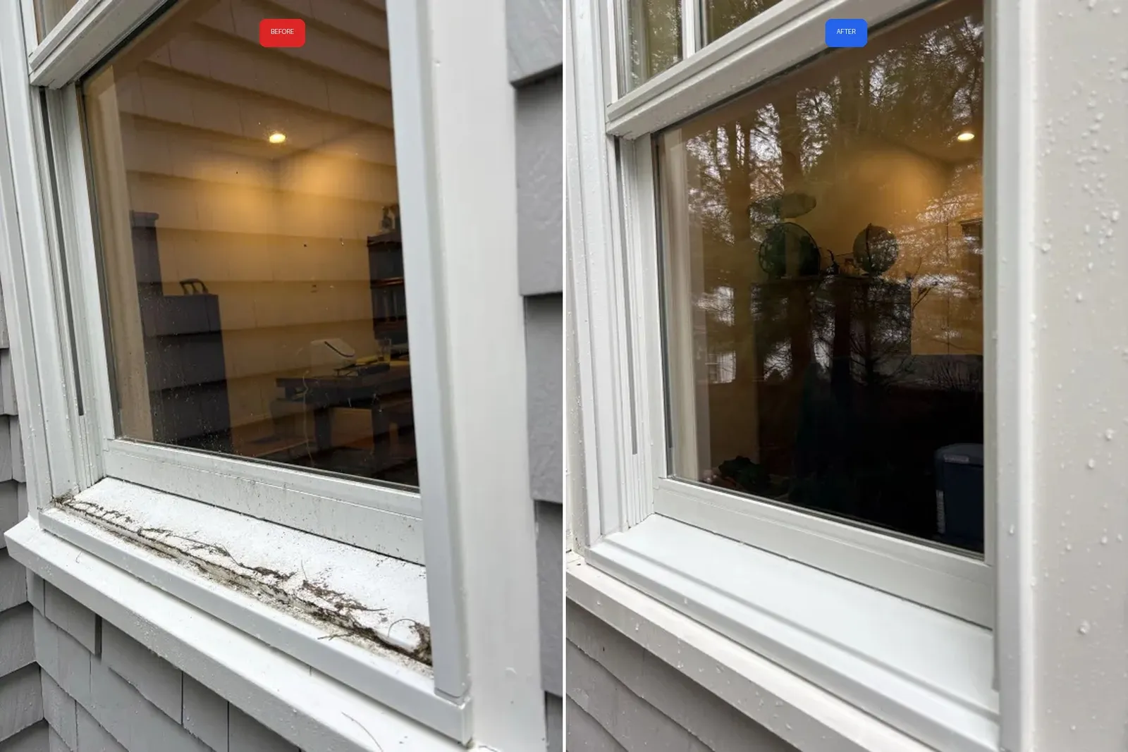 Window sill debris and dirt before and after professional cleaning shingle home South Shore Massachusetts
