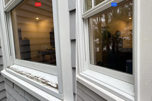 Window sill debris and dirt before and after professional cleaning shingle home South Shore Massachusetts