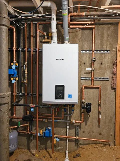 Completed Navien combination boiler installation with copper piping