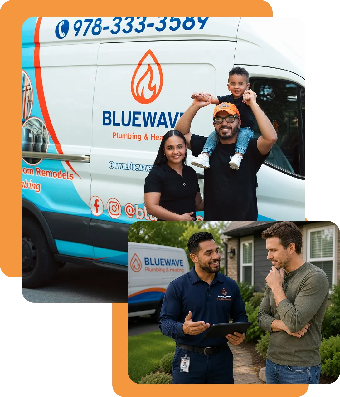 A family stands in front of a Bluewave Plumbing & Heating van; below, a technician speaks with a customer outside a house.