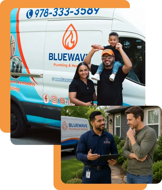 A family stands in front of a Bluewave Plumbing & Heating van; below, a technician speaks with a customer outside a house.