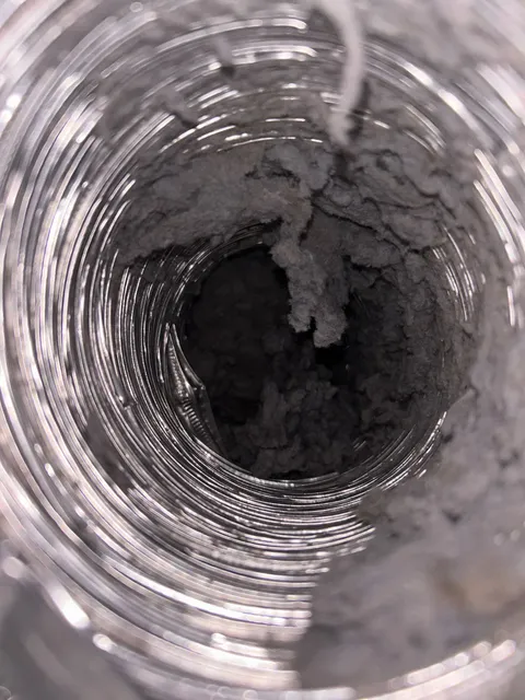 Dense lint buildup inside a flexible dryer duct, seen looking along the length of the run.
