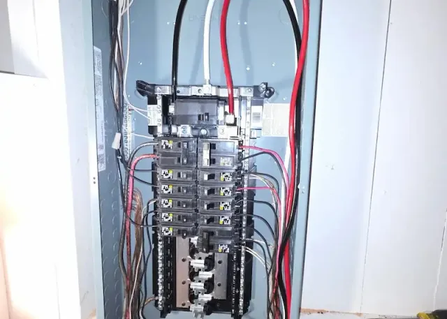 Open electrical panel with multiple circuit breakers and colored wiring inside a wall.