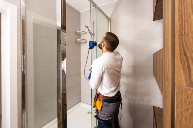 Handyman installing showerhead in bathroom.