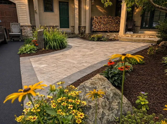 Paver entrance walkway with boulder and flower plantings in Concord, NH