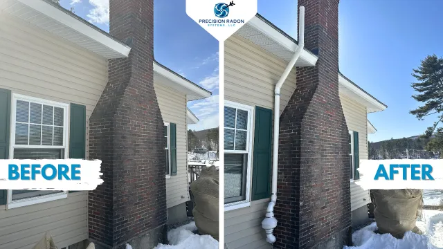 Comparison of a brick chimney before and after the installation of a new white drainage pipe on the side of a house, with snow on the ground.