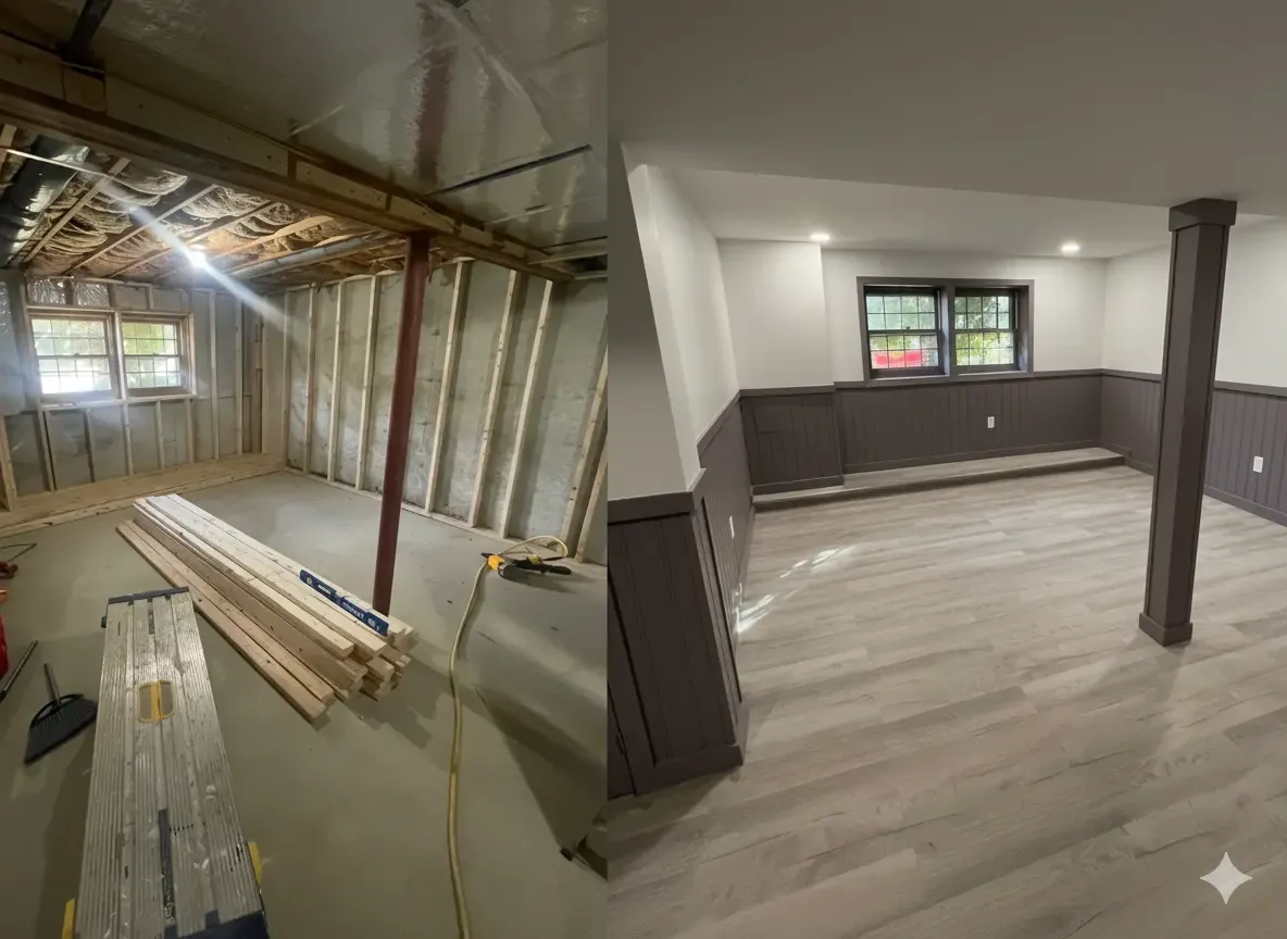 Basement remodel before and after — unfinished framing transformed into finished living space with wainscoting
