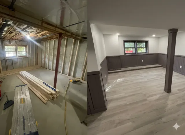 Basement remodel before and after — unfinished framing transformed into finished living space with wainscoting