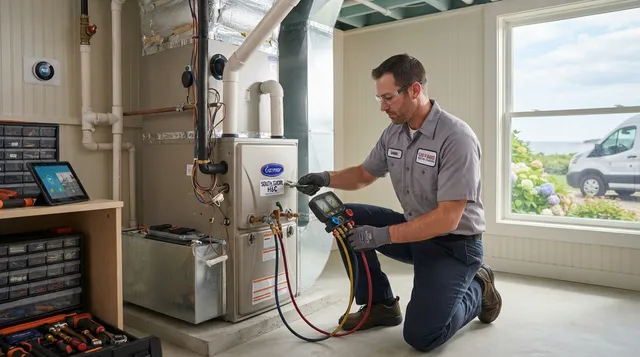 Ocean Aire HVAC Technician Servicing Equipment in Weymouth MA