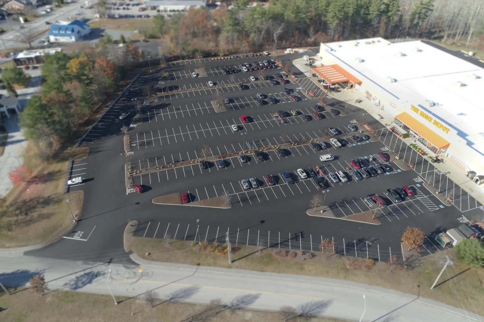 An aerial view of a parking lot.