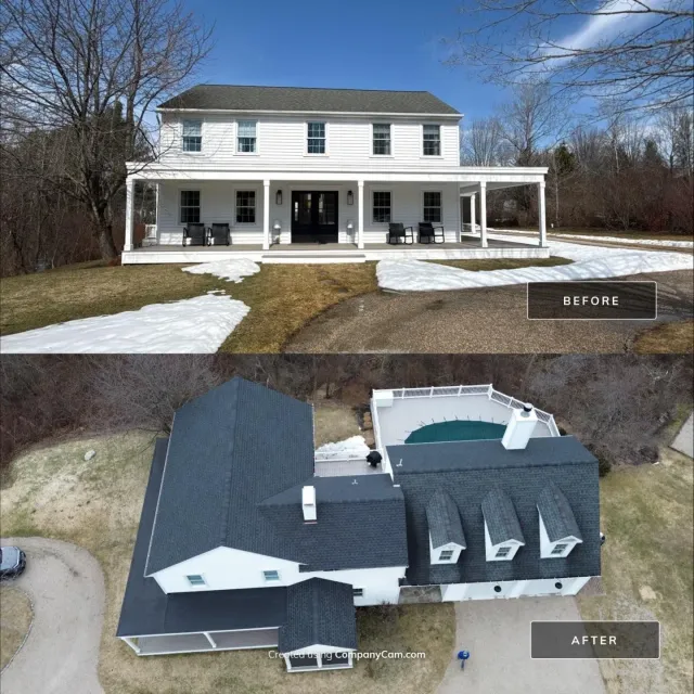 Two views of a white two-story house with black roof and front porch in a winter yard.