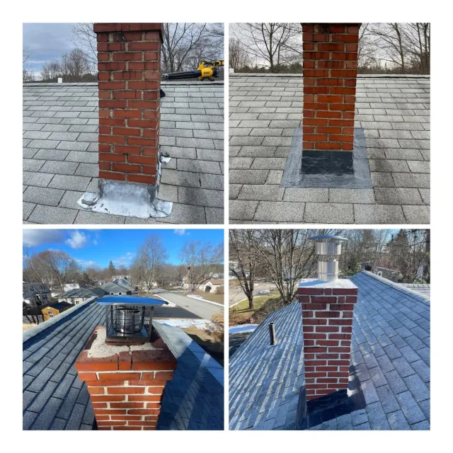 Series of four images showing a brick chimney on a roof undergoing repair, with the addition of a flashing detail for waterproofing.