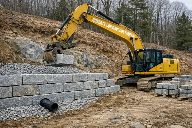 Roberts Construction Company segmental retaining wall along the Quinebaug in Putnam CT