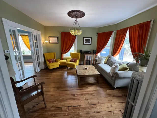 Refinished wide-plank floor in a living room